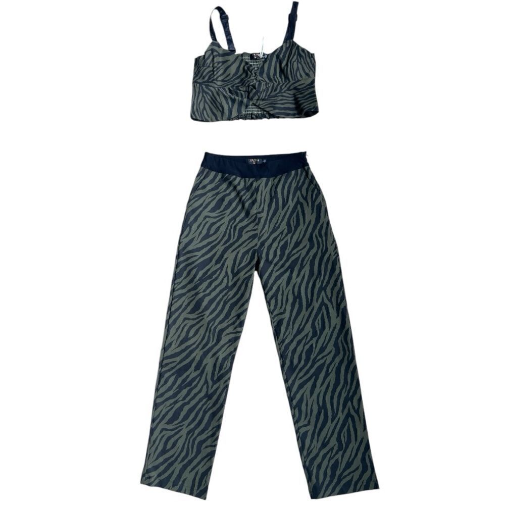 BALBOA Two Pieces Green Military Print, Top Crop Sleeveless Pant High Waisted L